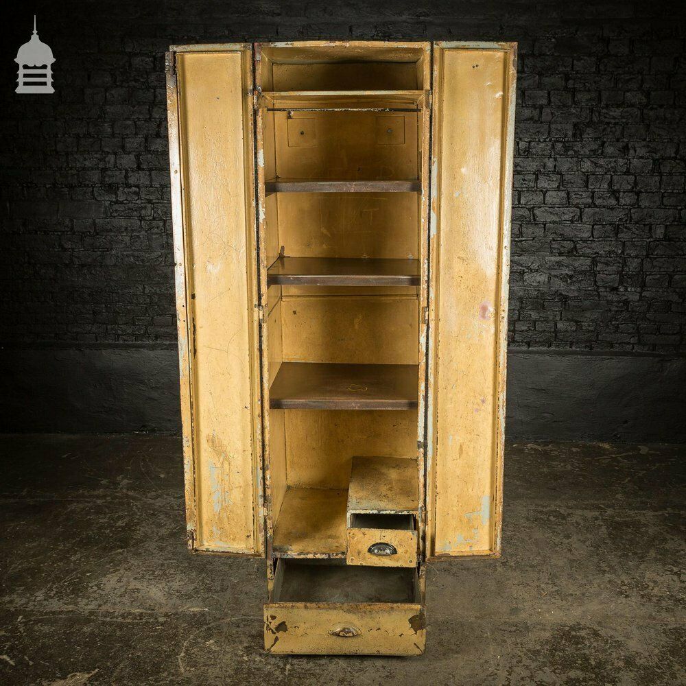 photo for sale Vintage Metal Workshop Cabinet Cupboard With Shelves And Two Drawers