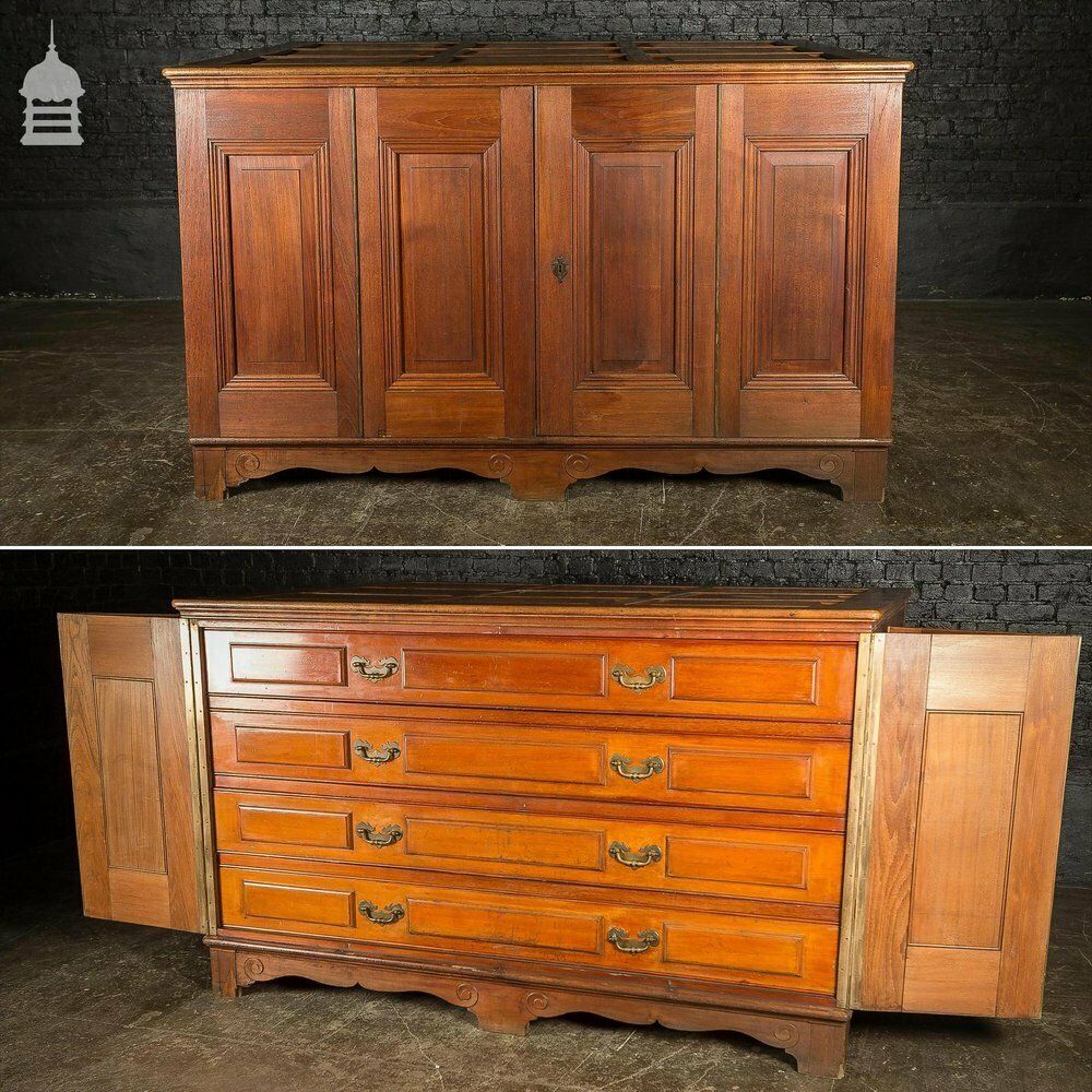 photo vintage 19th C Large Scale Teak Ecclesiastical Vestment Drawers Featuring Raised Moulded Panels On All Sides