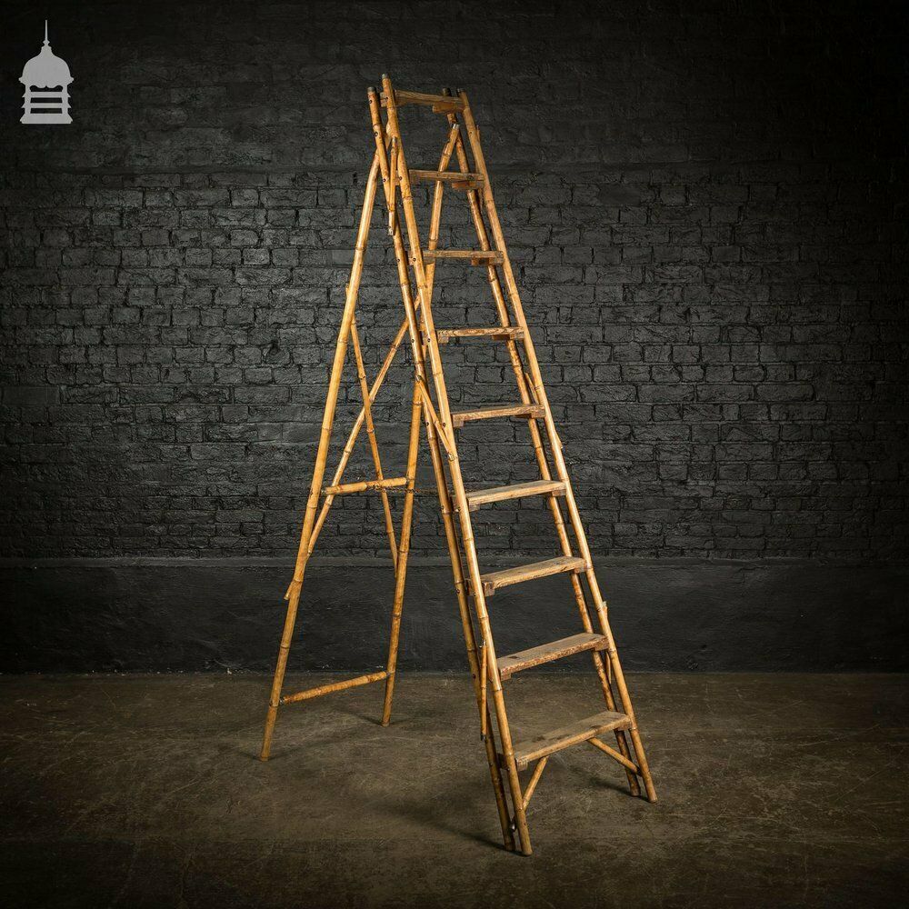 19th C Folding Bamboo And Pine A Steps Ladder
