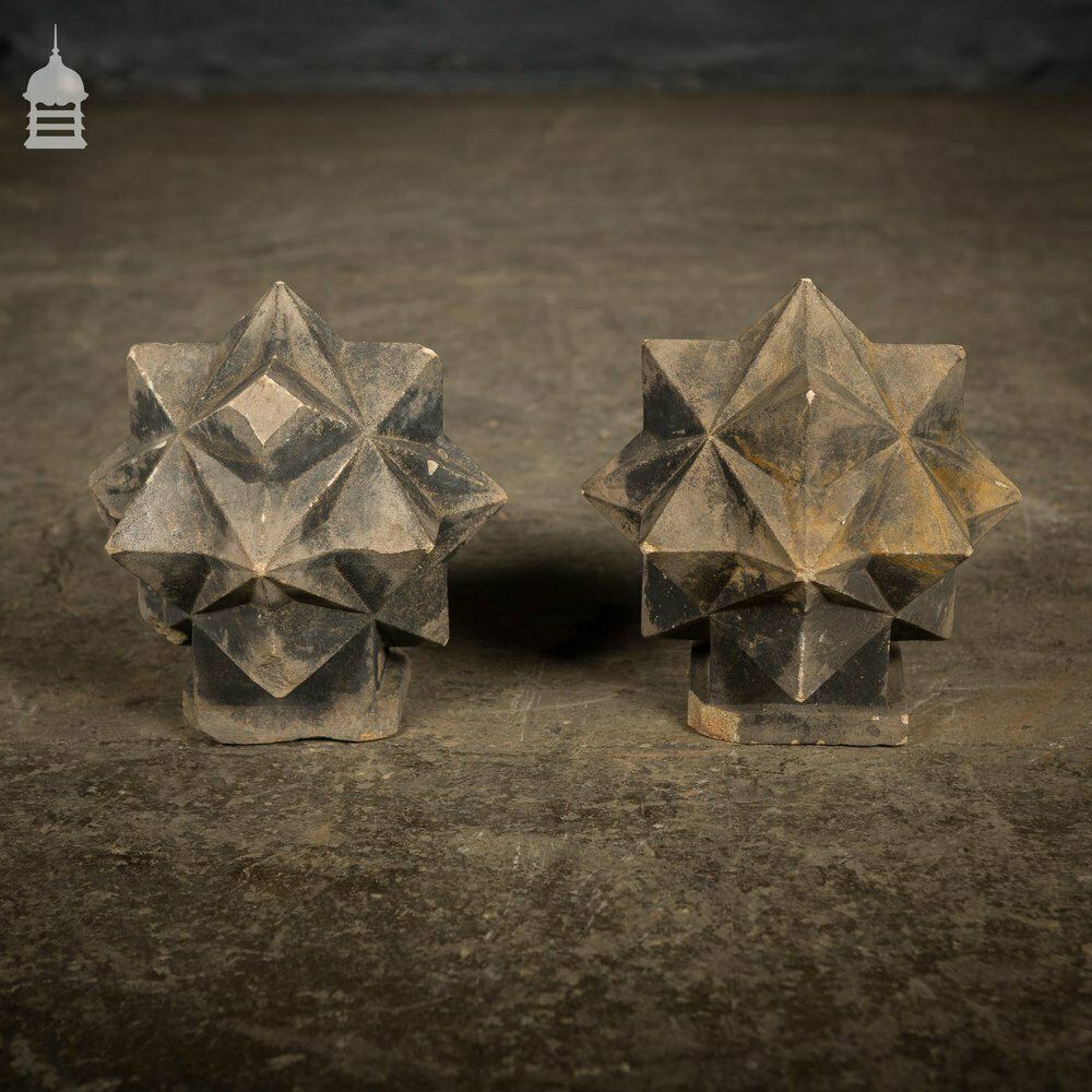 Pair Of Carved Sandstone Geometric Star Design Pier Caps photo vintage
