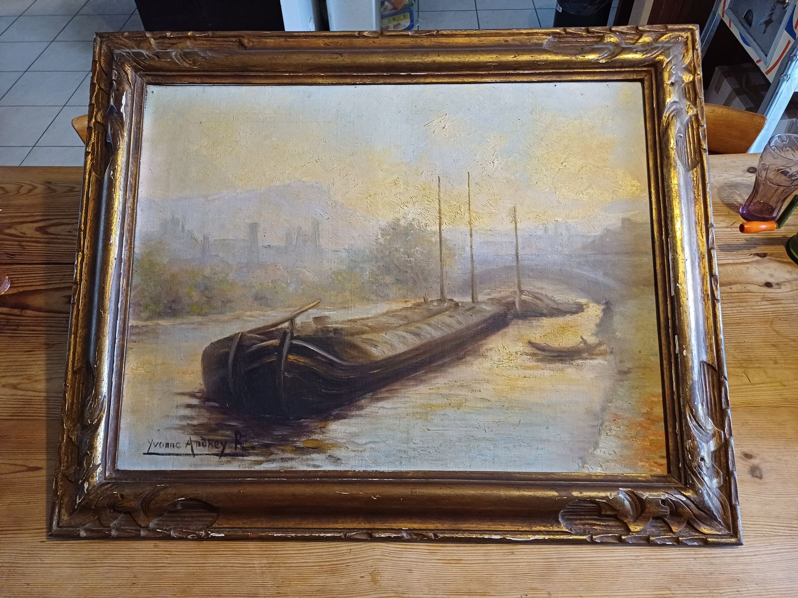Oil On Canvas 19th Yvonac Annurey R "Barge" photo for sale