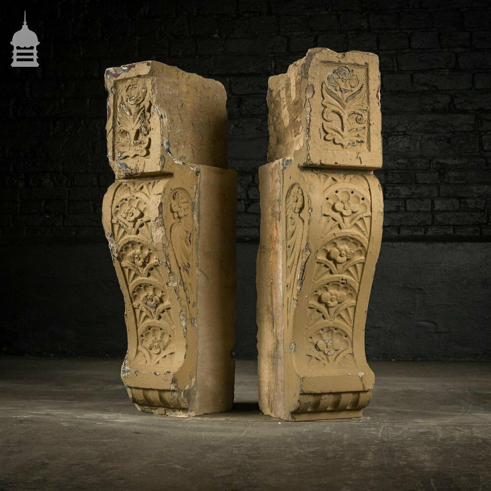 Pair Of 19th C Decorative Floral Design Large Buff Corbels Stone Supports photo for sale