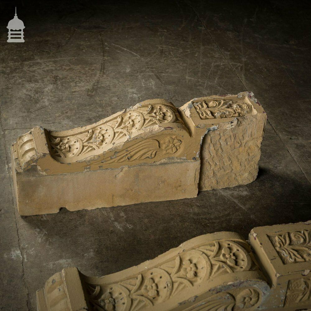 Pair Of 19th C Decorative Floral Design Large Buff Corbels Stone Supports photo 570.0