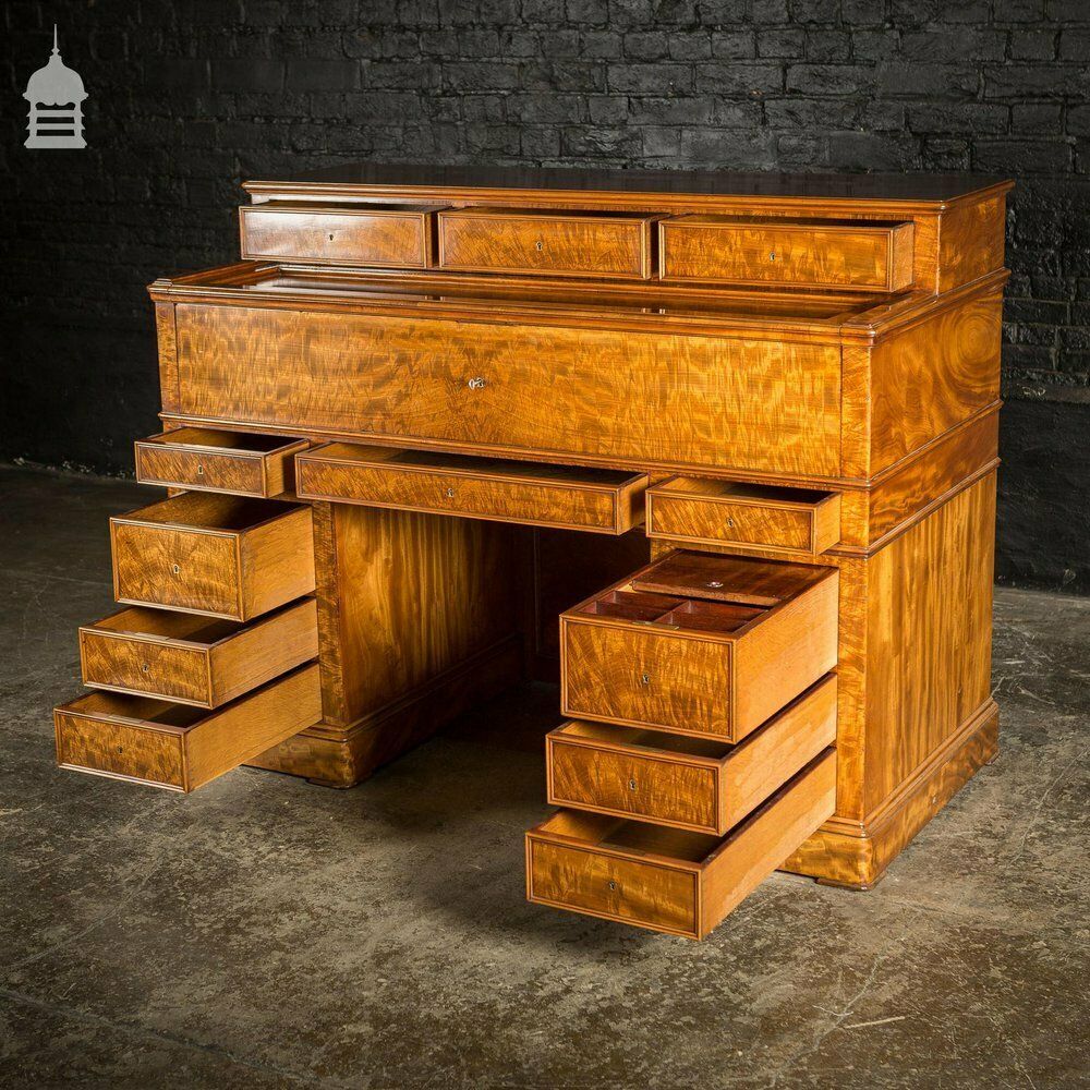 Early 19th C Maple Pedestal Bureau Desk With Internal Birds Eye Maple And Leather Writing Surface photo 9360.0