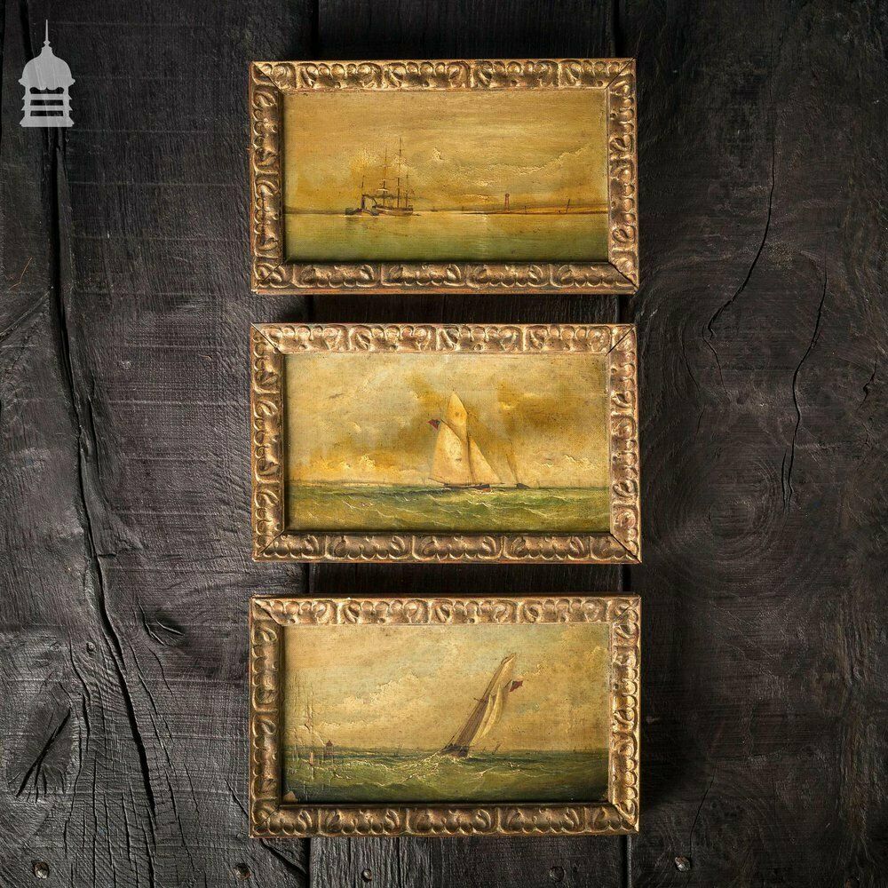 Set Of Three Early 19th C Nautical Maritime Oil Painting Seascapes photo furniture