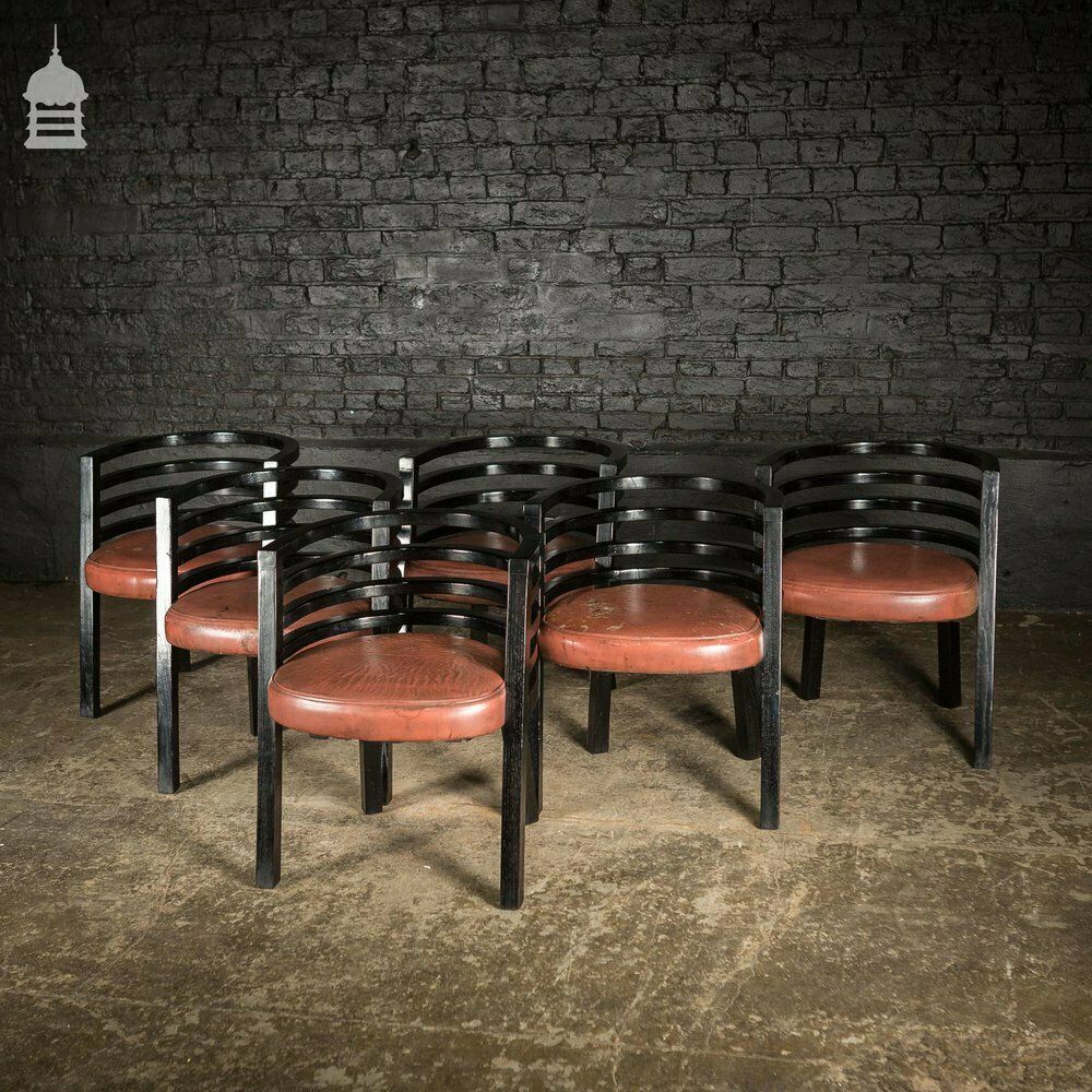 Set Of Six Ebonised Hardwood Deco Tub Shape Dining Chairs photo vinterior