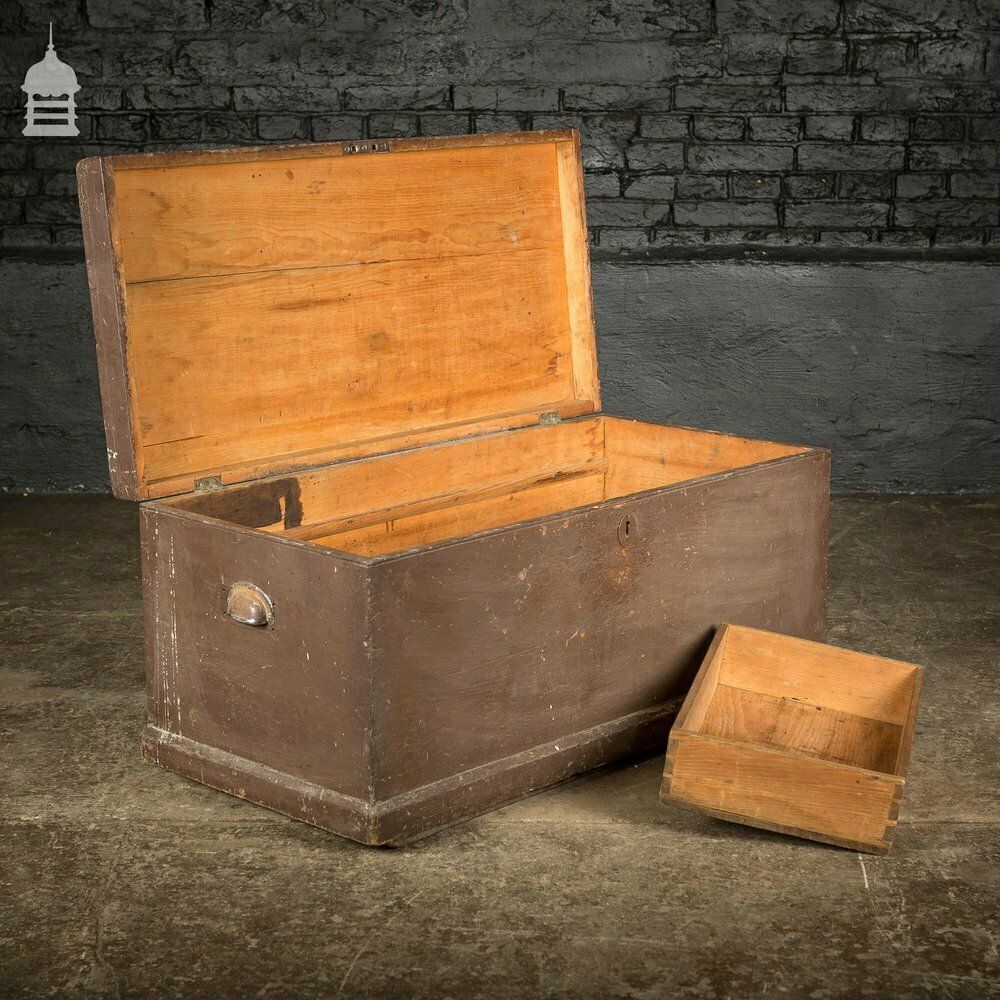 Vintage Wooden Tool Chest With Brown Flaky Paint And Removable Internal Tray photo for sale