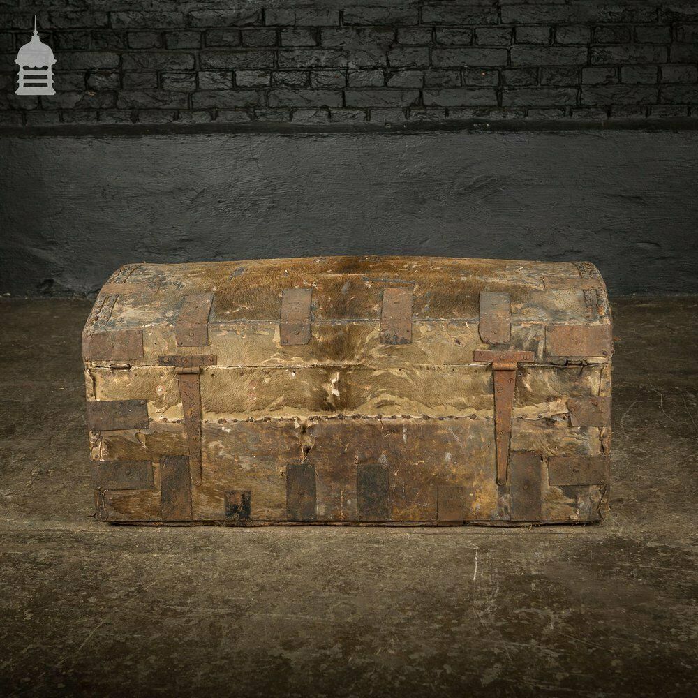 19th C Wooden Trunk Covered In Hide With Metal Strapping, Studs And E.V Monogram On Lid photo furniture