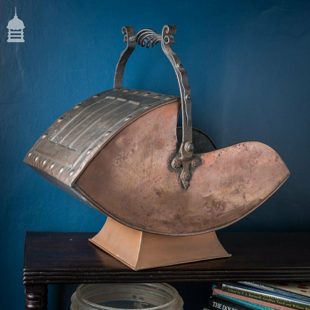 Arts & Crafts Copper Coal Scuttle With Decorative Riveted Wrought Iron Scroll And Twist Handle photo 240.0
