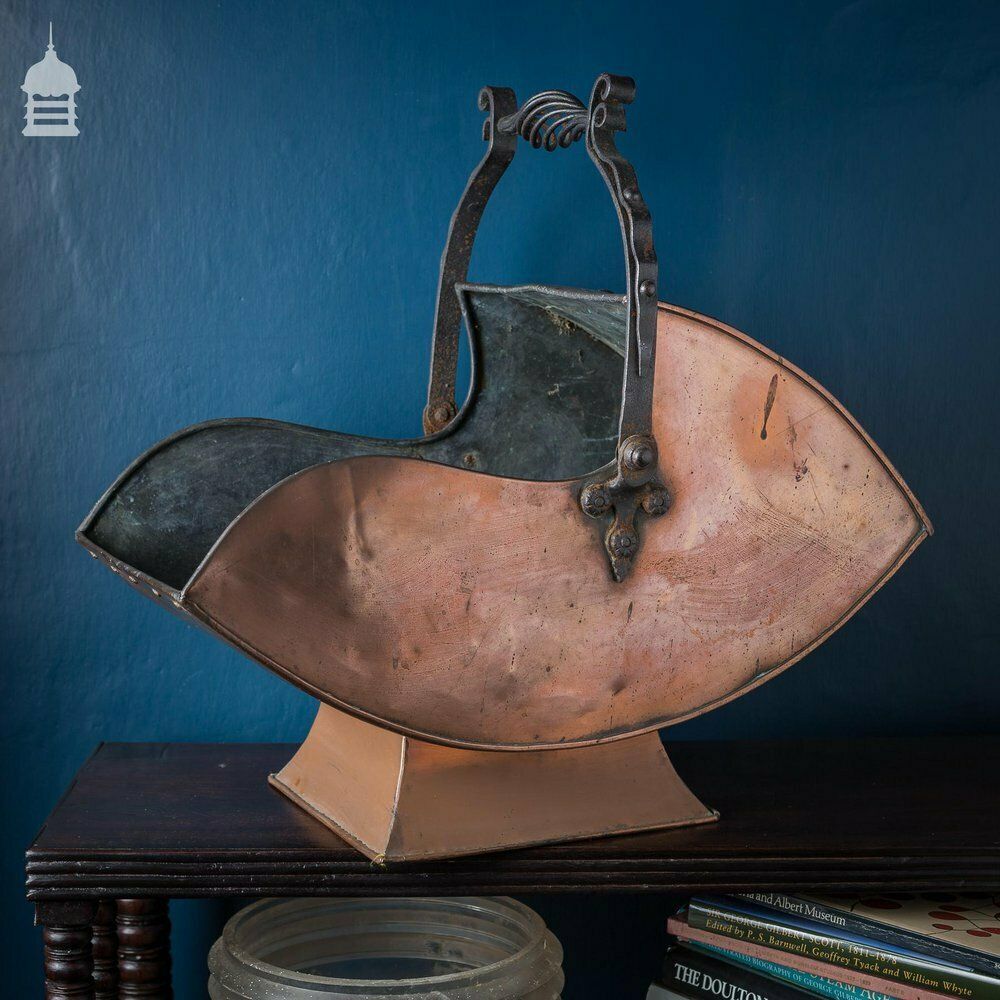 Arts & Crafts Copper Coal Scuttle With Decorative Riveted Wrought Iron Scroll And Twist Handle photo vinterior