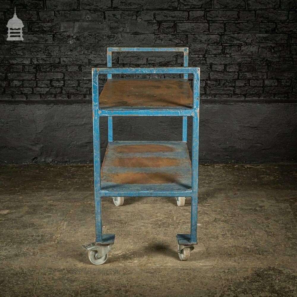 Vintage Industrial Blue Steel Wheeled Trolley Mobile Shelving Unit photo for sale