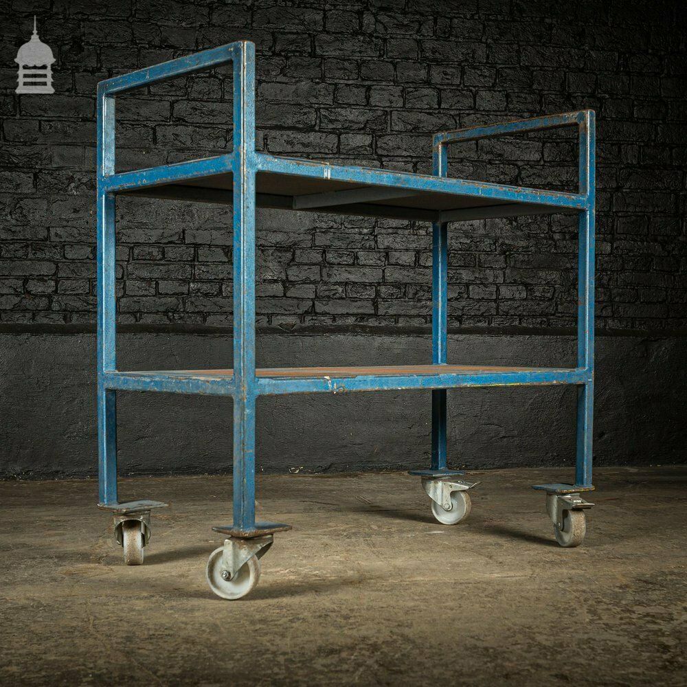 Vintage Industrial Blue Steel Wheeled Trolley Mobile Shelving Unit photo 480.0