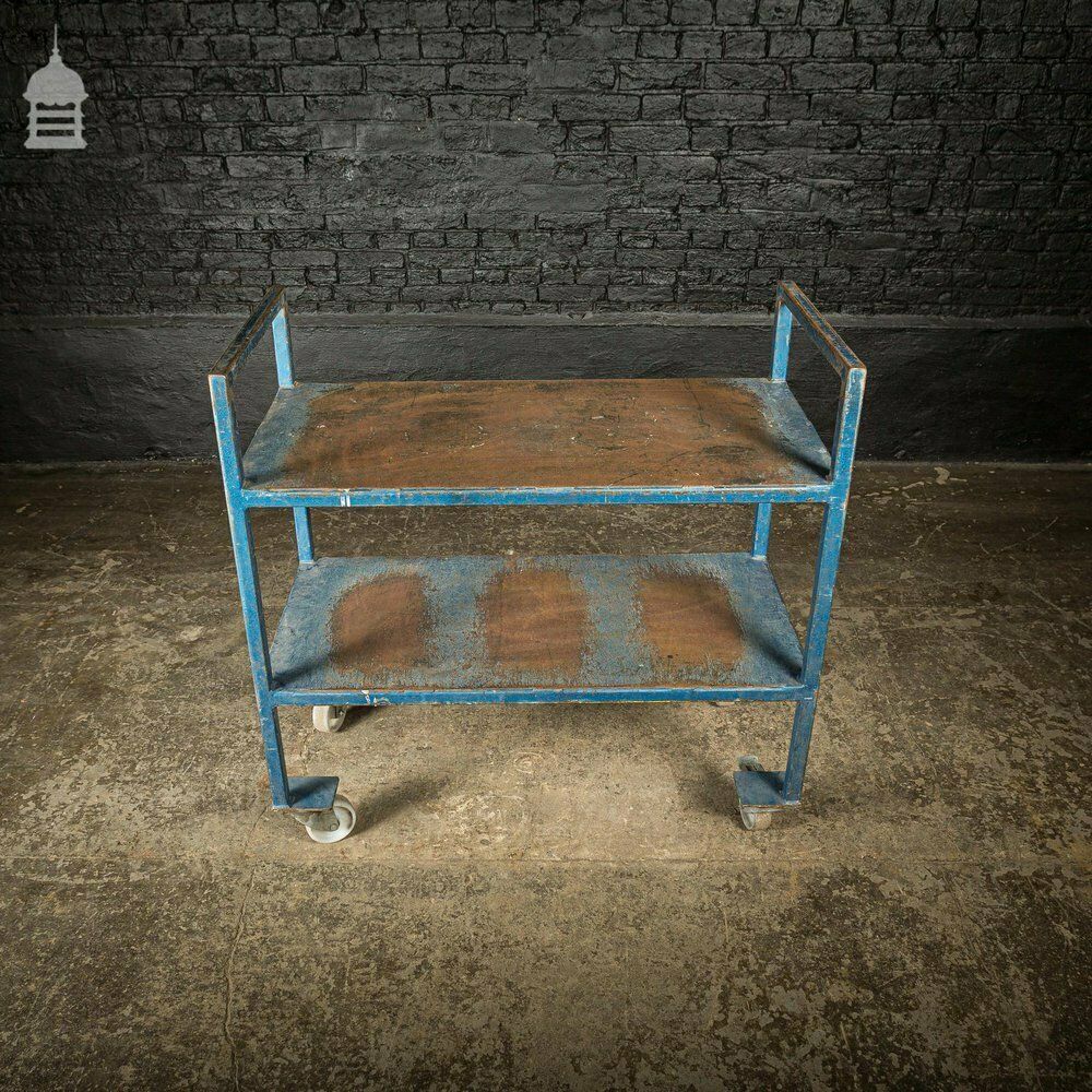 Vintage Industrial Blue Steel Wheeled Trolley Mobile Shelving Unit photo buy