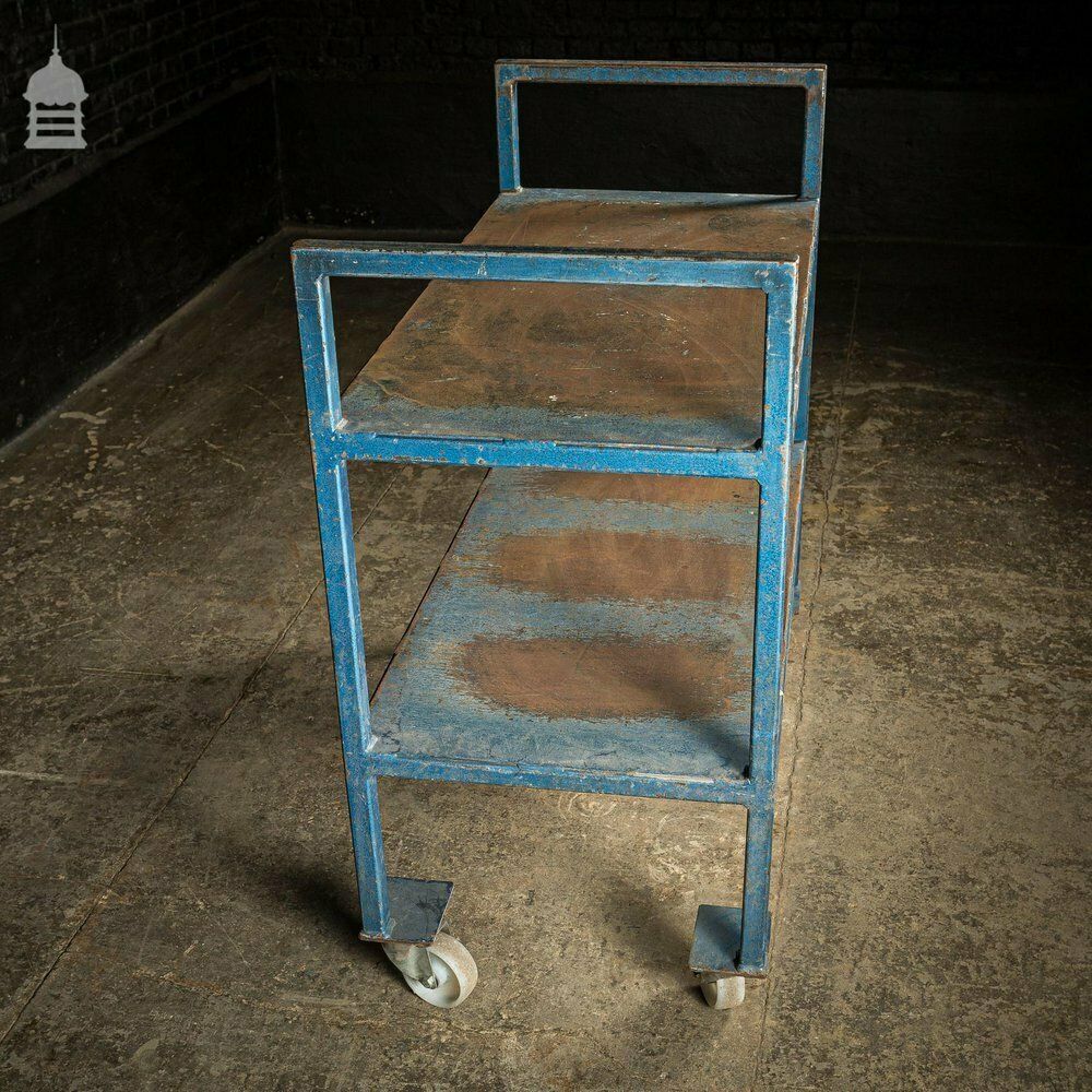 Vintage Industrial Blue Steel Wheeled Trolley Mobile Shelving Unit photo vintage