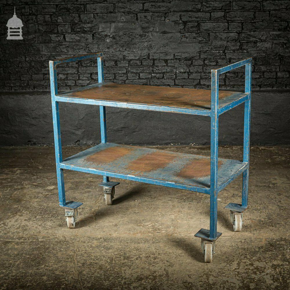 480.0 Vintage Industrial Blue Steel Wheeled Trolley Mobile Shelving Unit photo