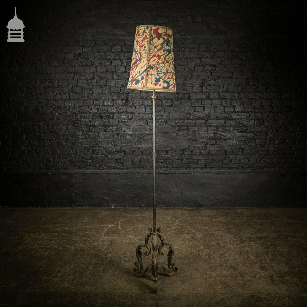Mid Century Wrought Iron Standard Lamp With Scroll Detail And Colourful Shade photo 1530.0
