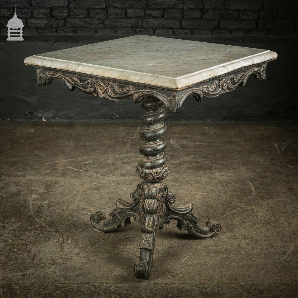 Exquisite 19th C Carved Hardwood Occasional Table With Twist Pedestal And Marble Top