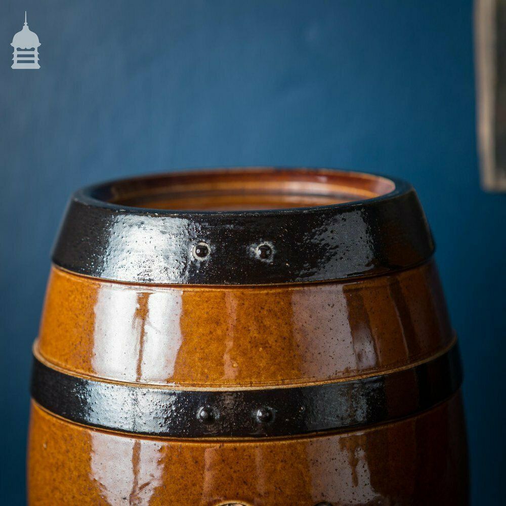 Pair Of Late 19th C Doulton Lambeth Stoneware Pedestrian Barrelette Picnic Whiskey Barrels On Stands photo vinterior