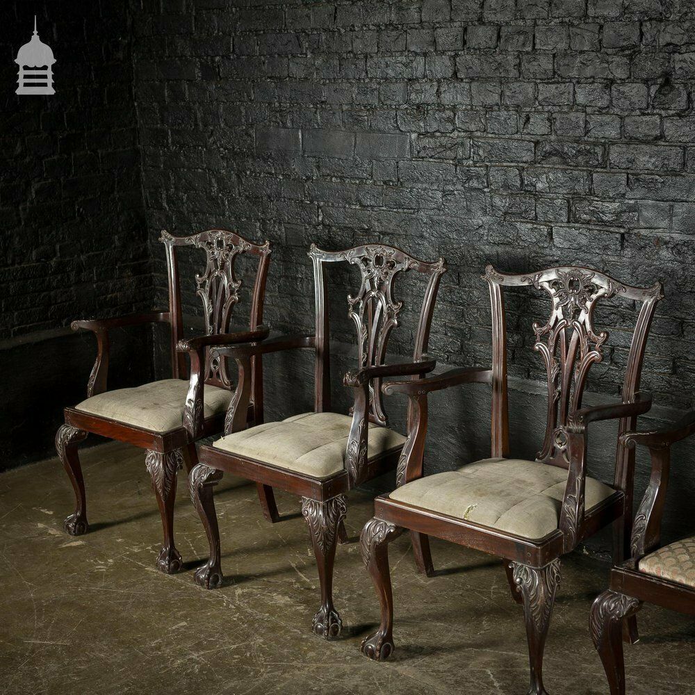 photo vintage Set Of Six Ornate Chippendale Revival Dining Chairs Armchairs Circa 1900