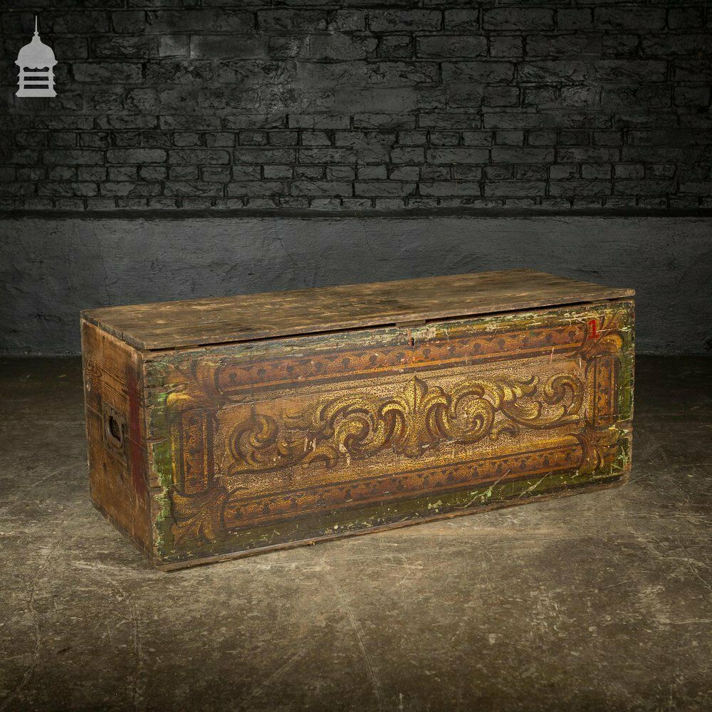 photo vinterior 19th C Pine Gypsy Showman’s Travel Chest With Original Painted Finish