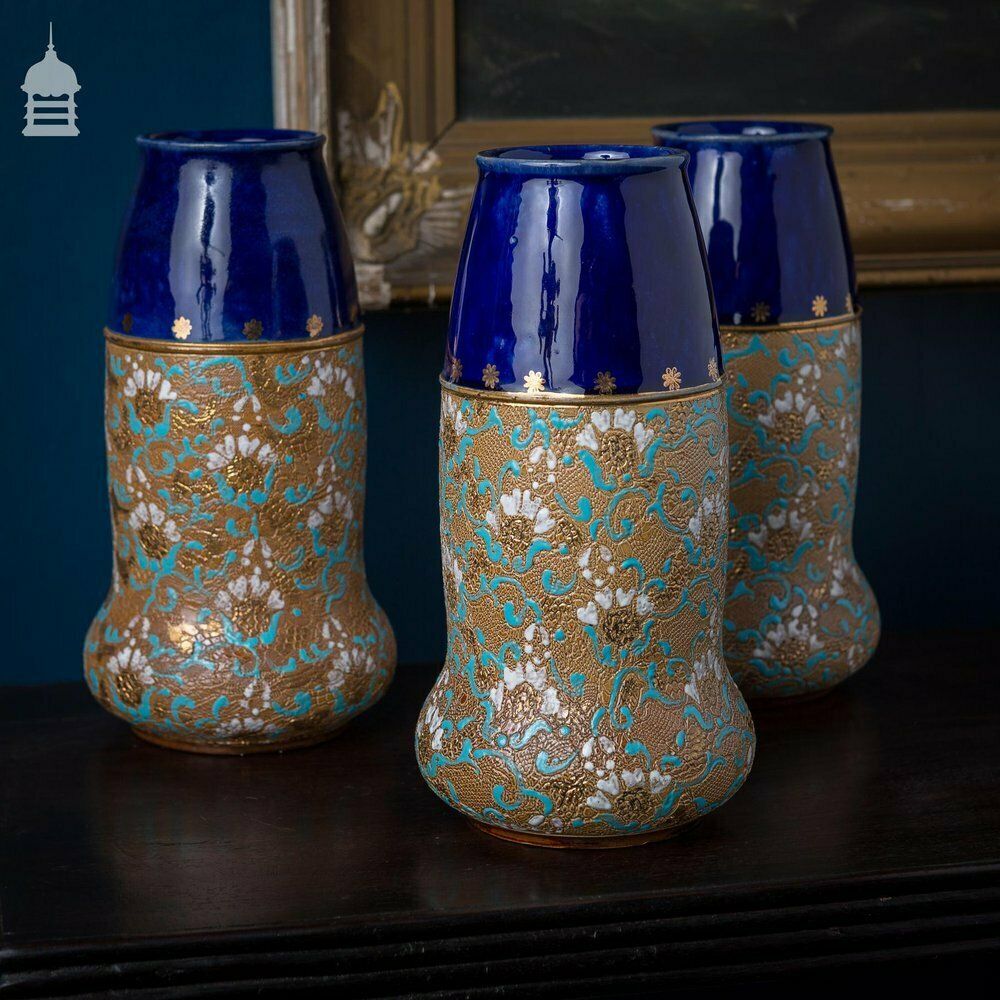 Set Of 3 Ornate Blue And Gold Royal Doulton Masonic Vases photo for sale