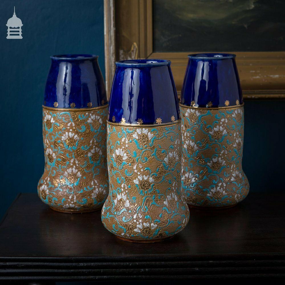 photo furniture Set Of 3 Ornate Blue And Gold Royal Doulton Masonic Vases