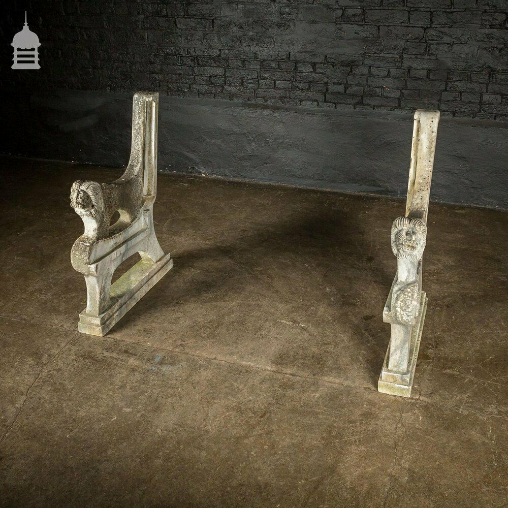 photo furniture Pair Of Weathered Marble Bench Ends With Carved Dragon Design