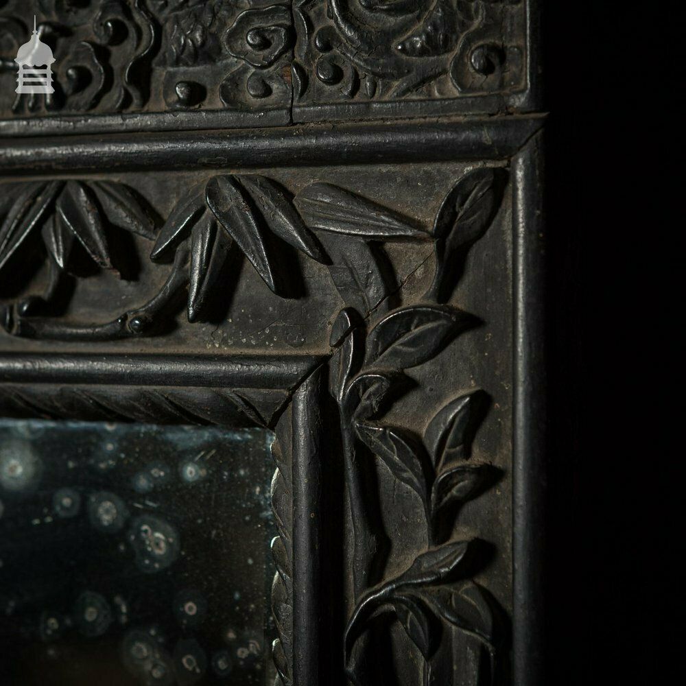 Tall 19th C Ebonised Chinese Pier Plate Mirror With Carved Dragons