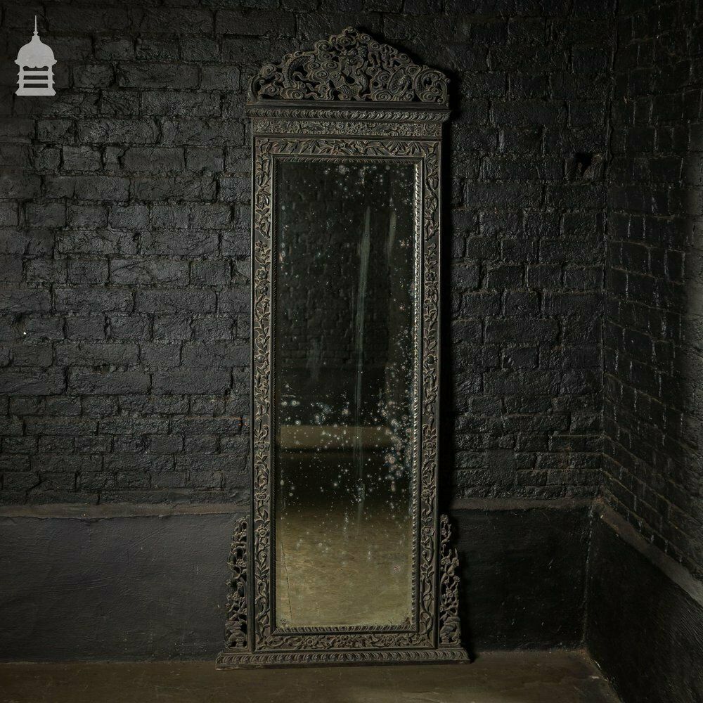 Tall 19th C Ebonised Chinese Pier Plate Mirror With Carved Dragons photo Home Decor