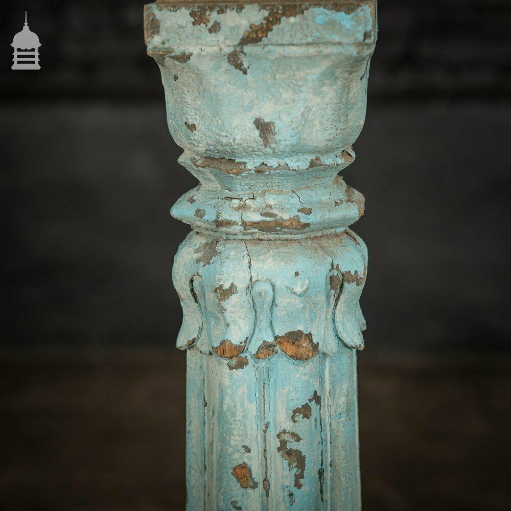 Set Of 4 19th C Blue Painted Reeded Hardwood Columns With Acanthus Leaf Detail photo vinterior