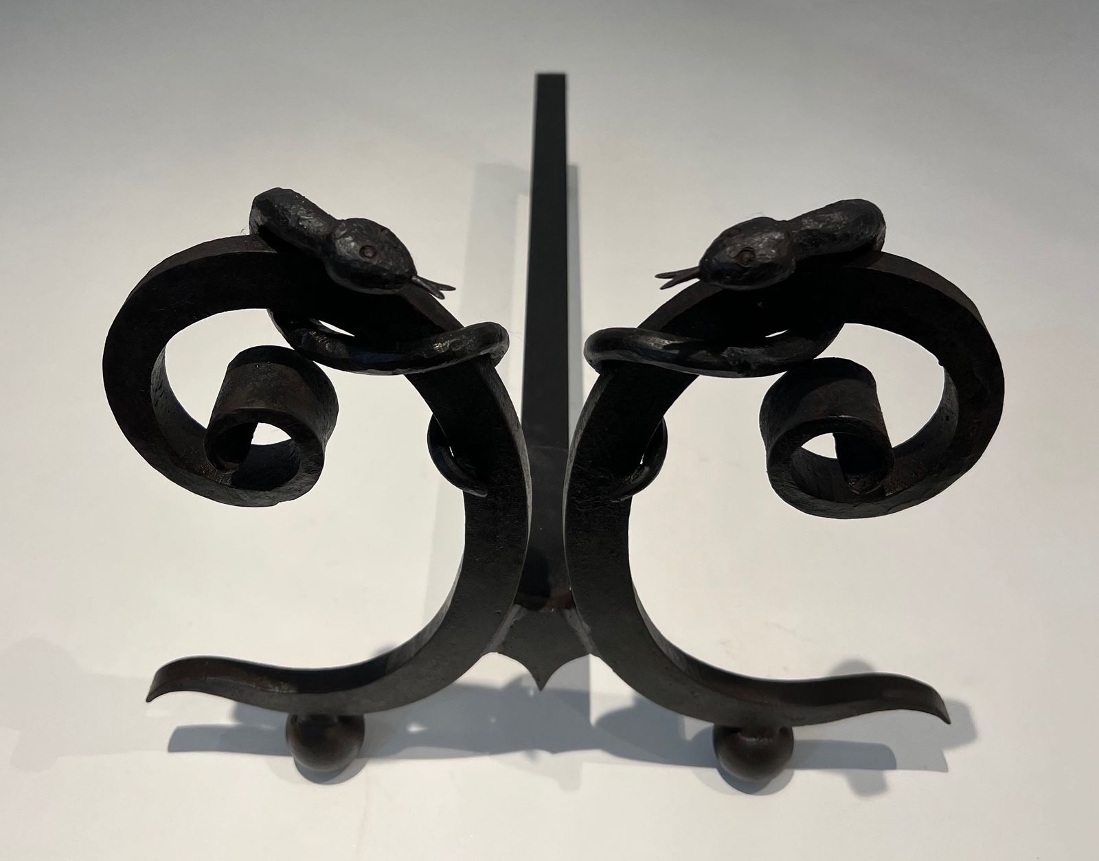 Pair Of Wrought Iron Andirons "With Snakes" In The Taste Of Edgar Brandt photo buy