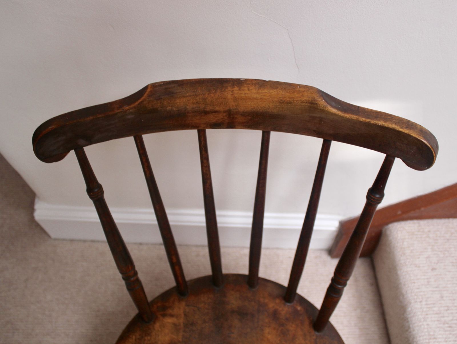 Furniture Antique Oak Nursing Chair With Bobbin Legs And Circular Seat photo