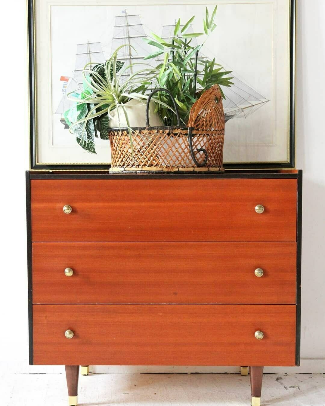 Vintage Chest Of Drawers With Black Trim And Gold Knobs photo for sale