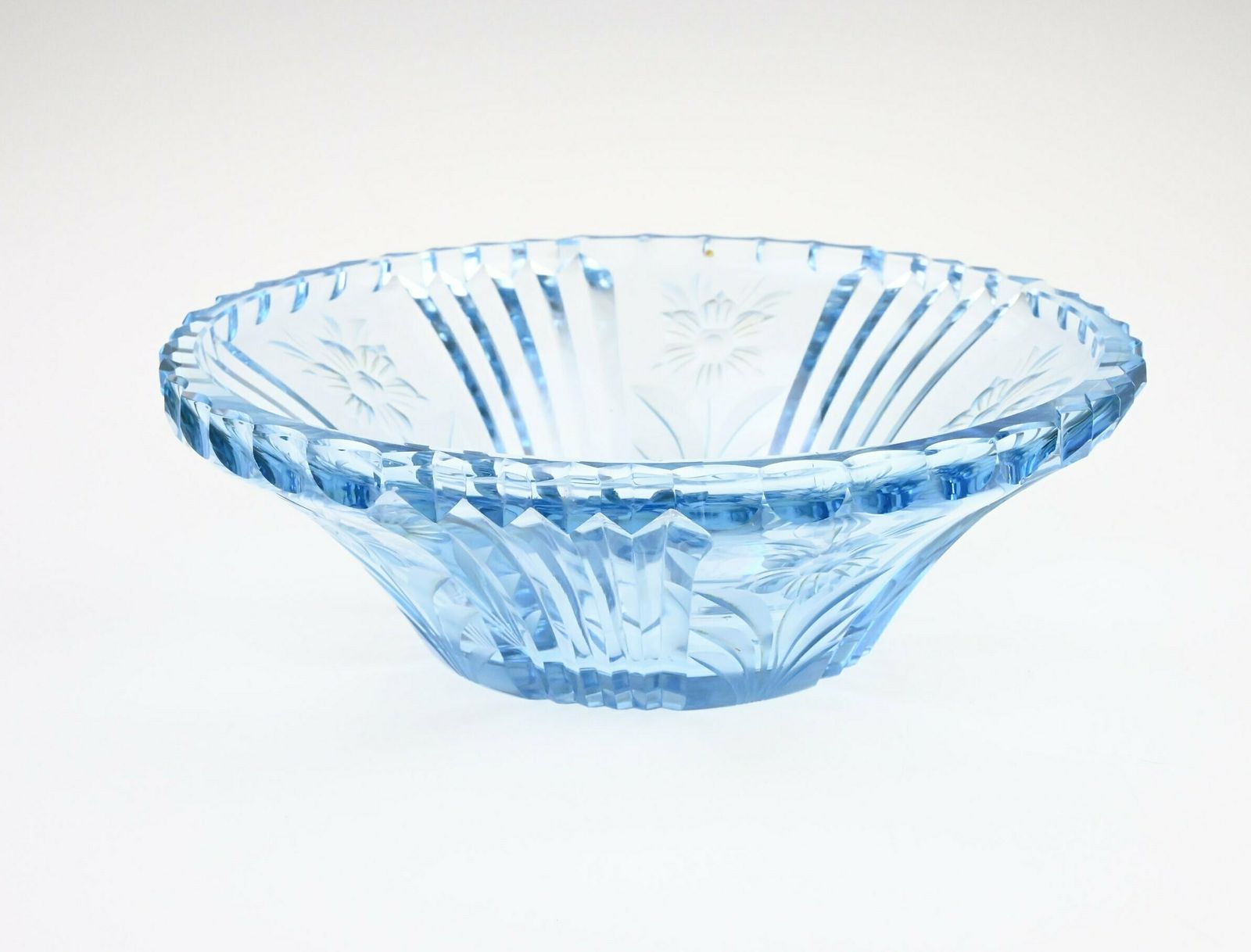 Antique Blue Glass Bowl With Floral Etchings   Timeless Beauty From The 1930s 1940s, Cut To Clear Bowl, Antique Glass Bowl, Blue Glass photo furniture