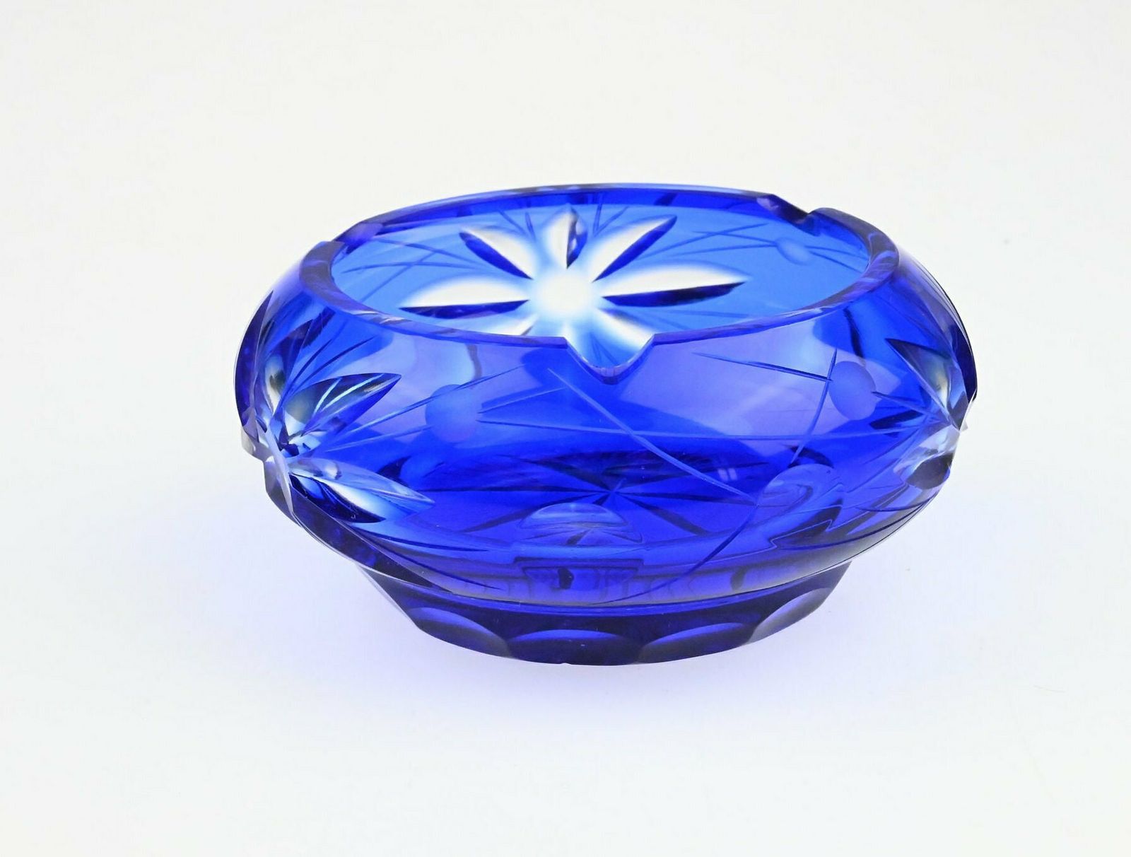 Antique Czech Glass Ashtray   Cobalt Blue With Flower Etchings, 1960s 1970s Elegance Glass Ashtray, Czech Glass Ashtray, Glass Ashtray photo furniture