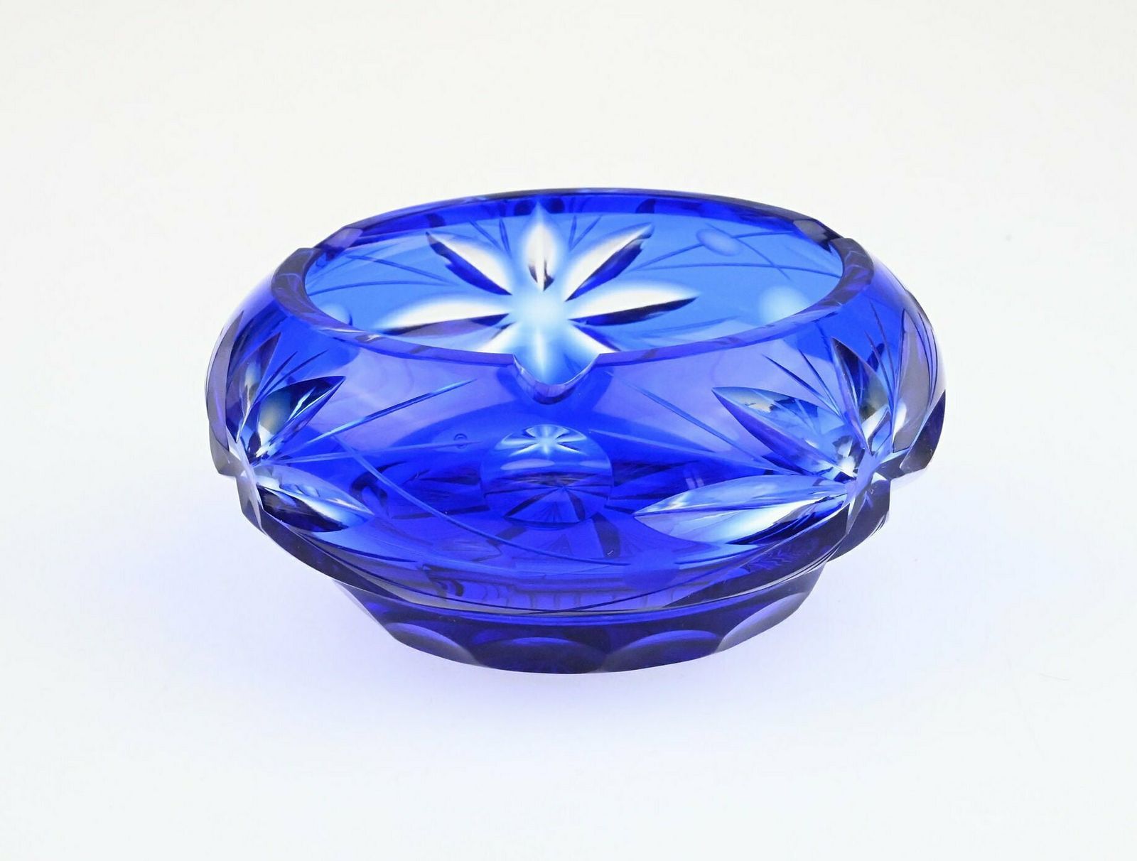 Antique Czech Glass Ashtray   Cobalt Blue With Flower Etchings, 1960s 1970s Elegance Glass Ashtray, Czech Glass Ashtray, Glass Ashtray photo for sale