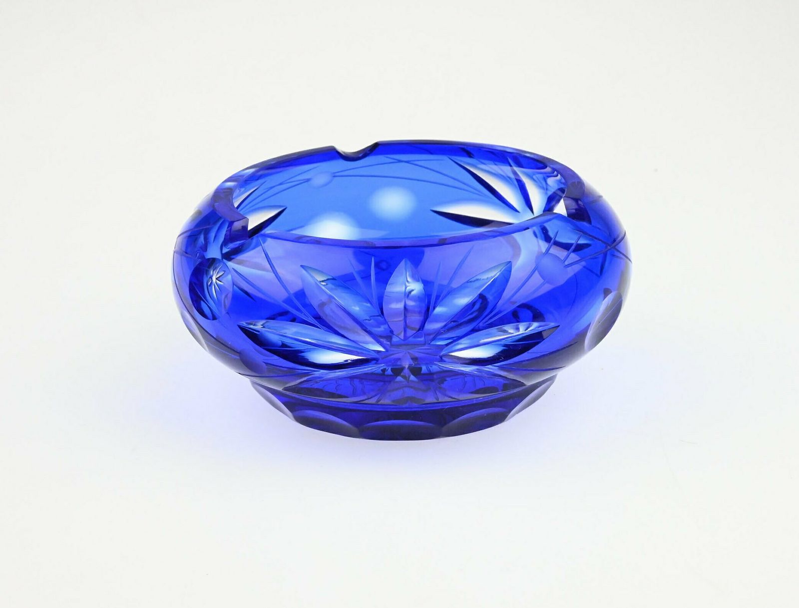 Antique Czech Glass Ashtray   Cobalt Blue With Flower Etchings, 1960s 1970s Elegance Glass Ashtray, Czech Glass Ashtray, Glass Ashtray photo Home Decor