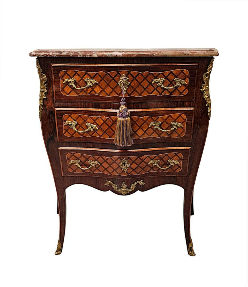 A Very Rare 19th Century Marble Top Inlaid Ormolu Mounted Chest Of Drawers