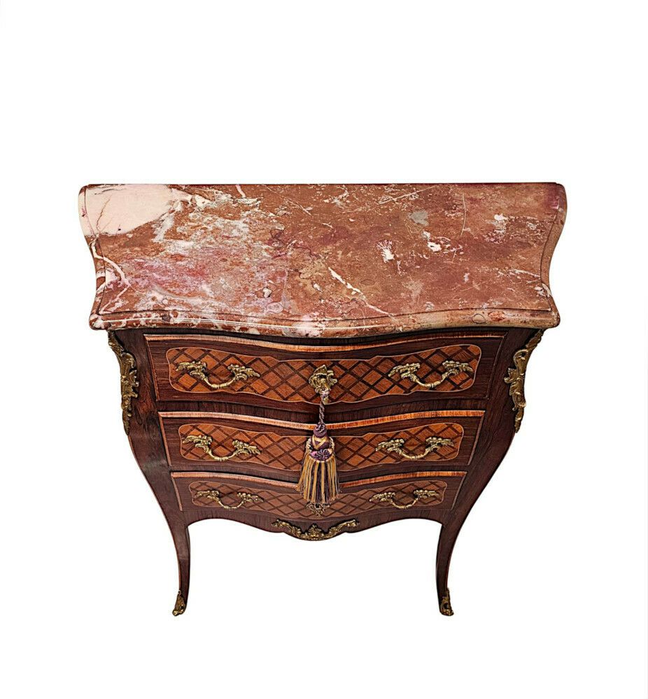 A Very Rare 19th Century Marble Top Inlaid Ormolu Mounted Chest Of Drawers photo vinterior
