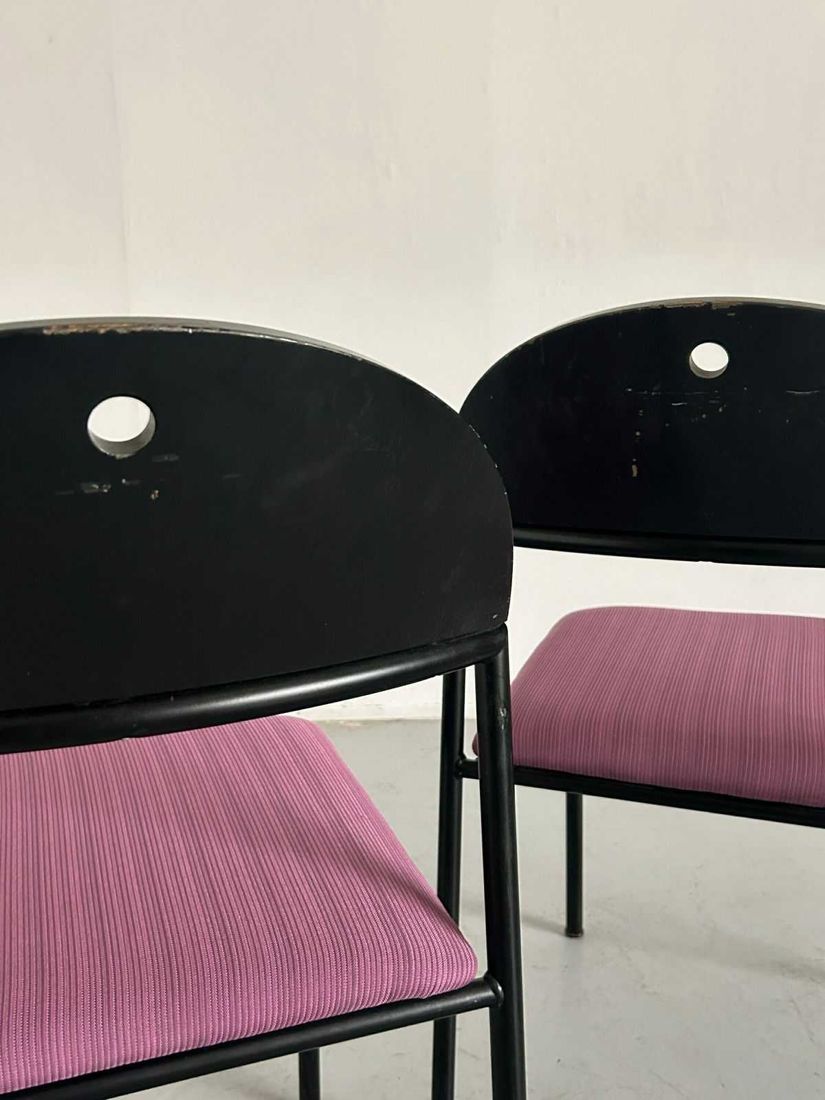 Pair Of Postmodern 'Thesis' Visitor Armchairs Or Dining Chairs By Wiesner Hager, 1990s Austria / Pop Art Memphis Style, Striped Upholstery photo vinterior