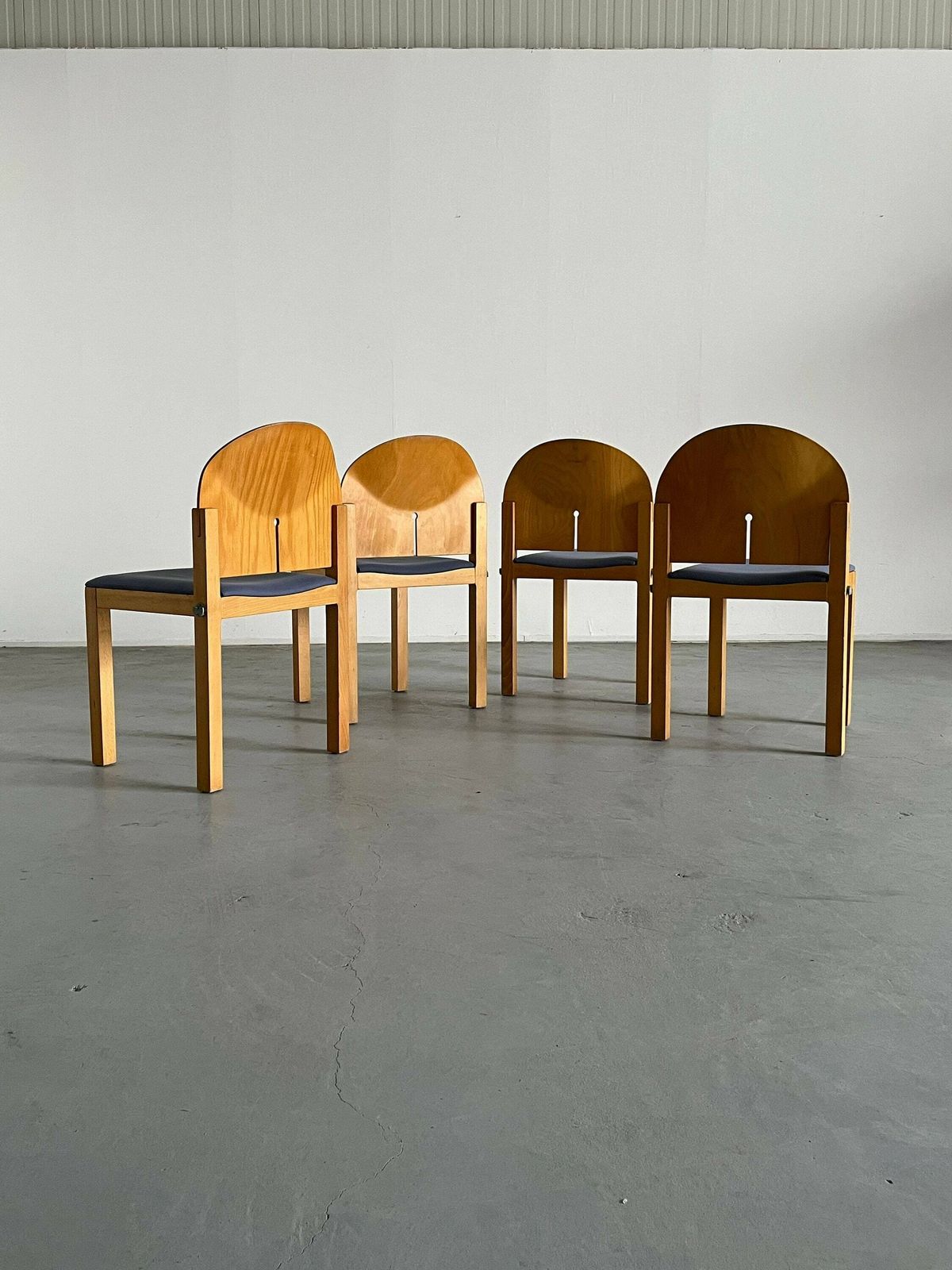 Set Of 4 Postmodern Sculptural Wooden Stackable Dining Chairs By Arno Votteler For Bisterfeld And Weiss, Germany 1980 photo for sale