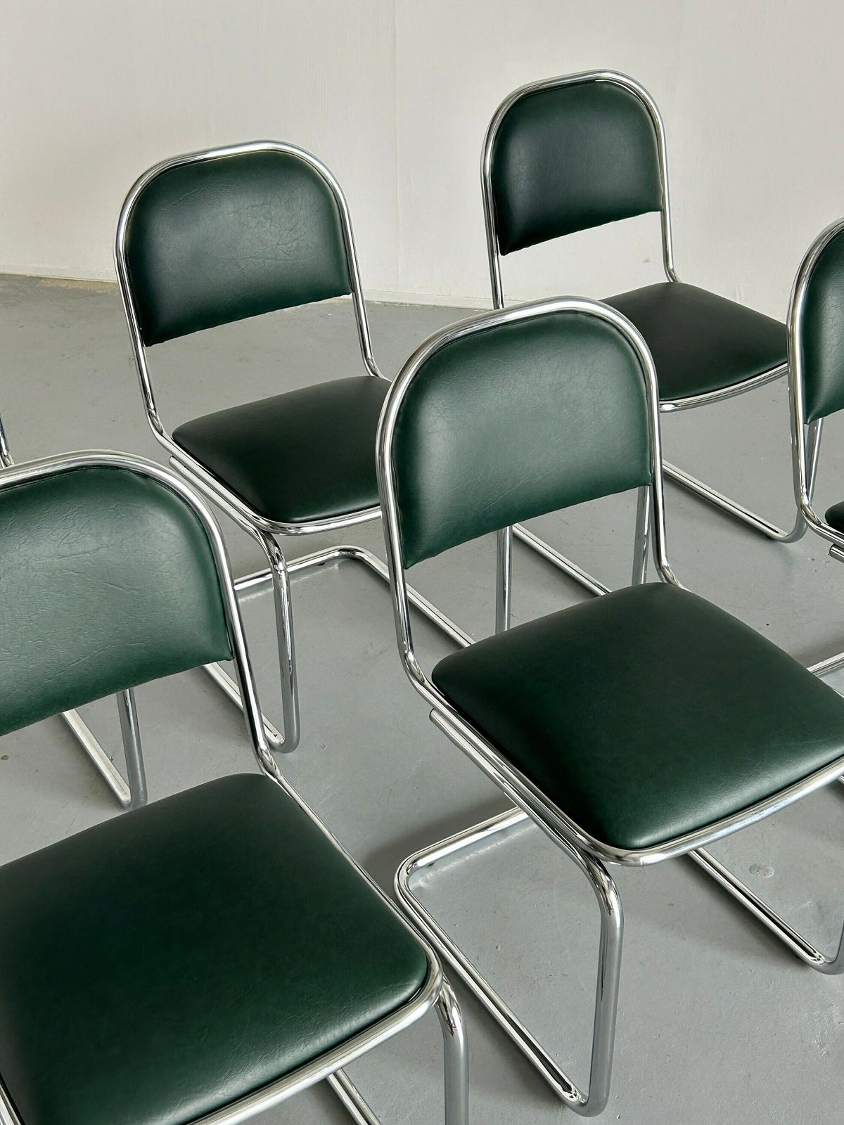 1 Of 6 Bauhaus Design Chrome Tubular Steel And Green Faux Leather Cantilever Chairs, 1980s Italy photo Furniture