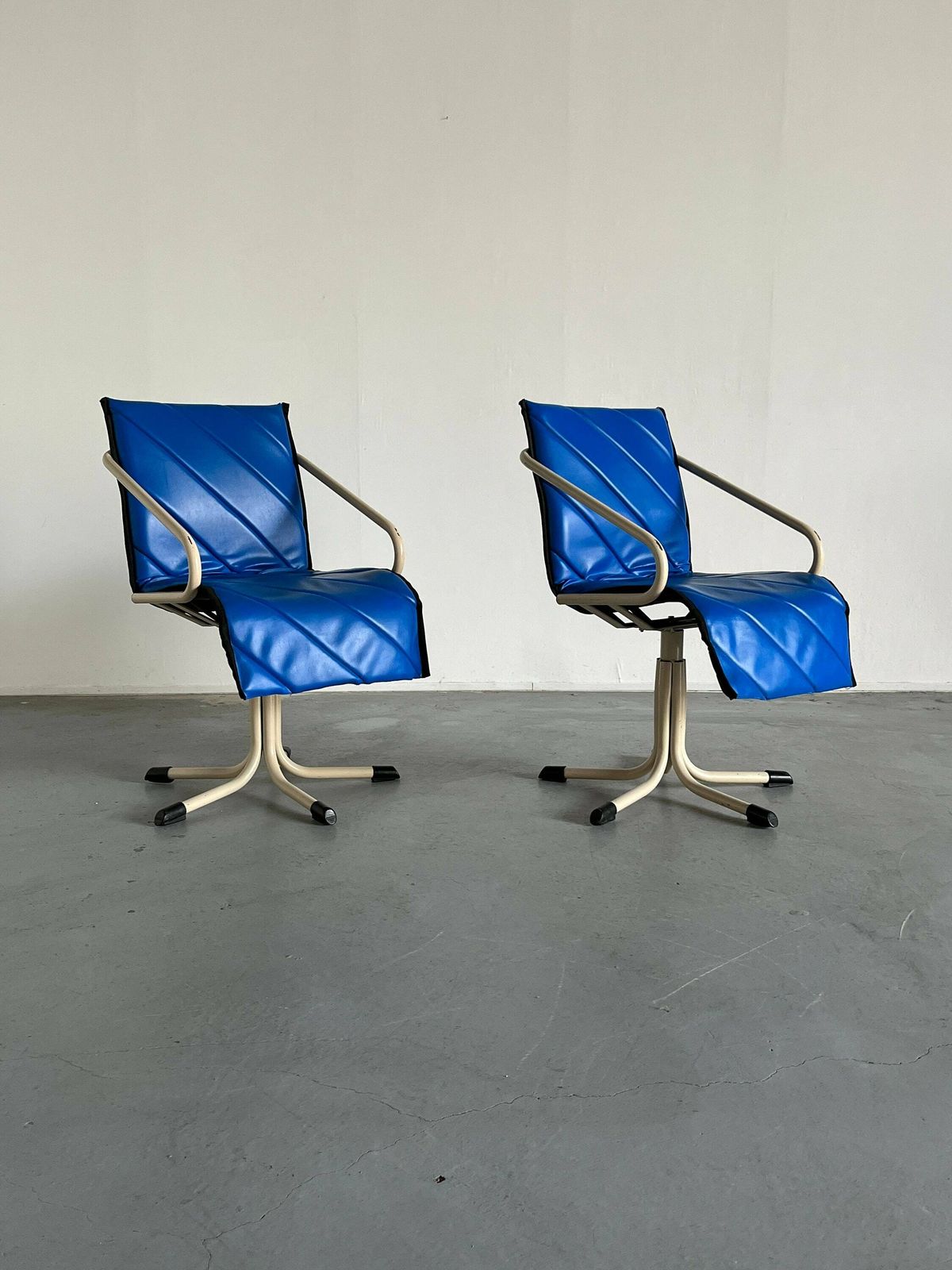 1 Of 2 Vintage Atomic Age Blue Faux Leather Swivel Armchairs Or Barber Chairs By Müster, 1980s Germany photo furniture