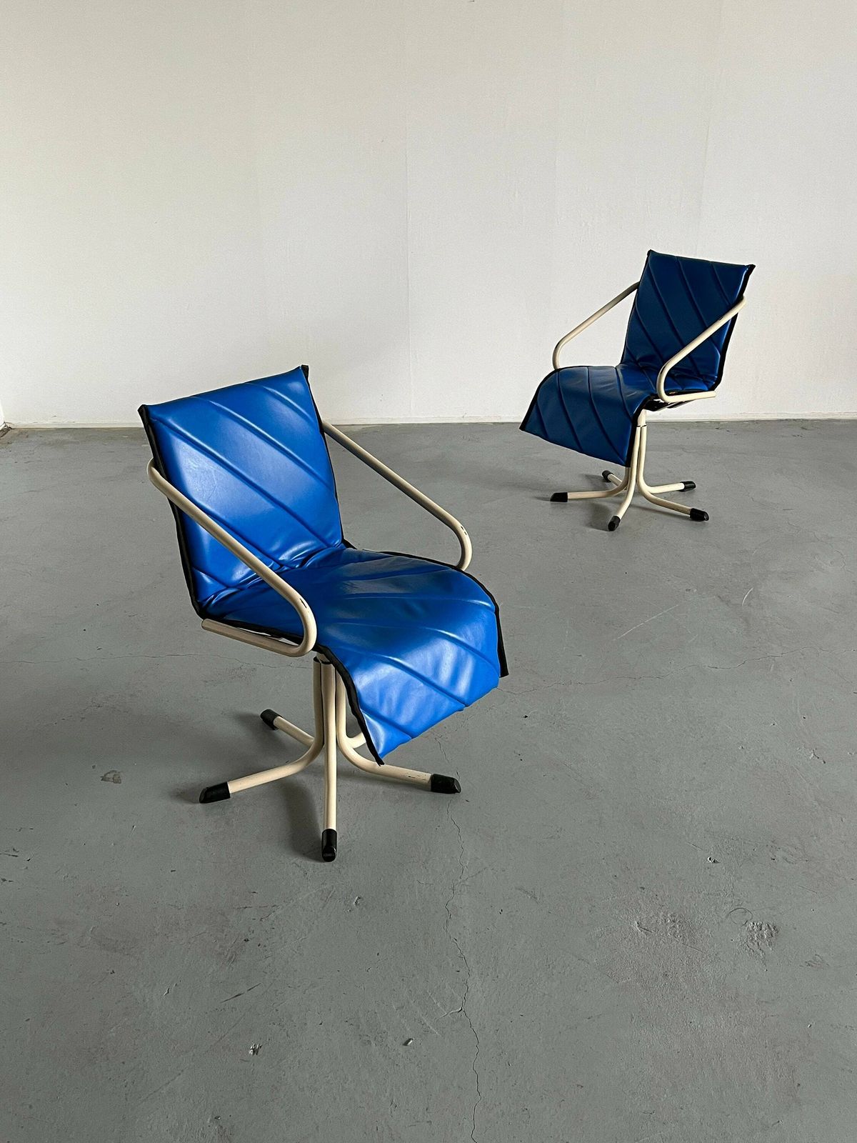 1 Of 2 Vintage Atomic Age Blue Faux Leather Swivel Armchairs Or Barber Chairs By Müster, 1980s Germany photo for sale