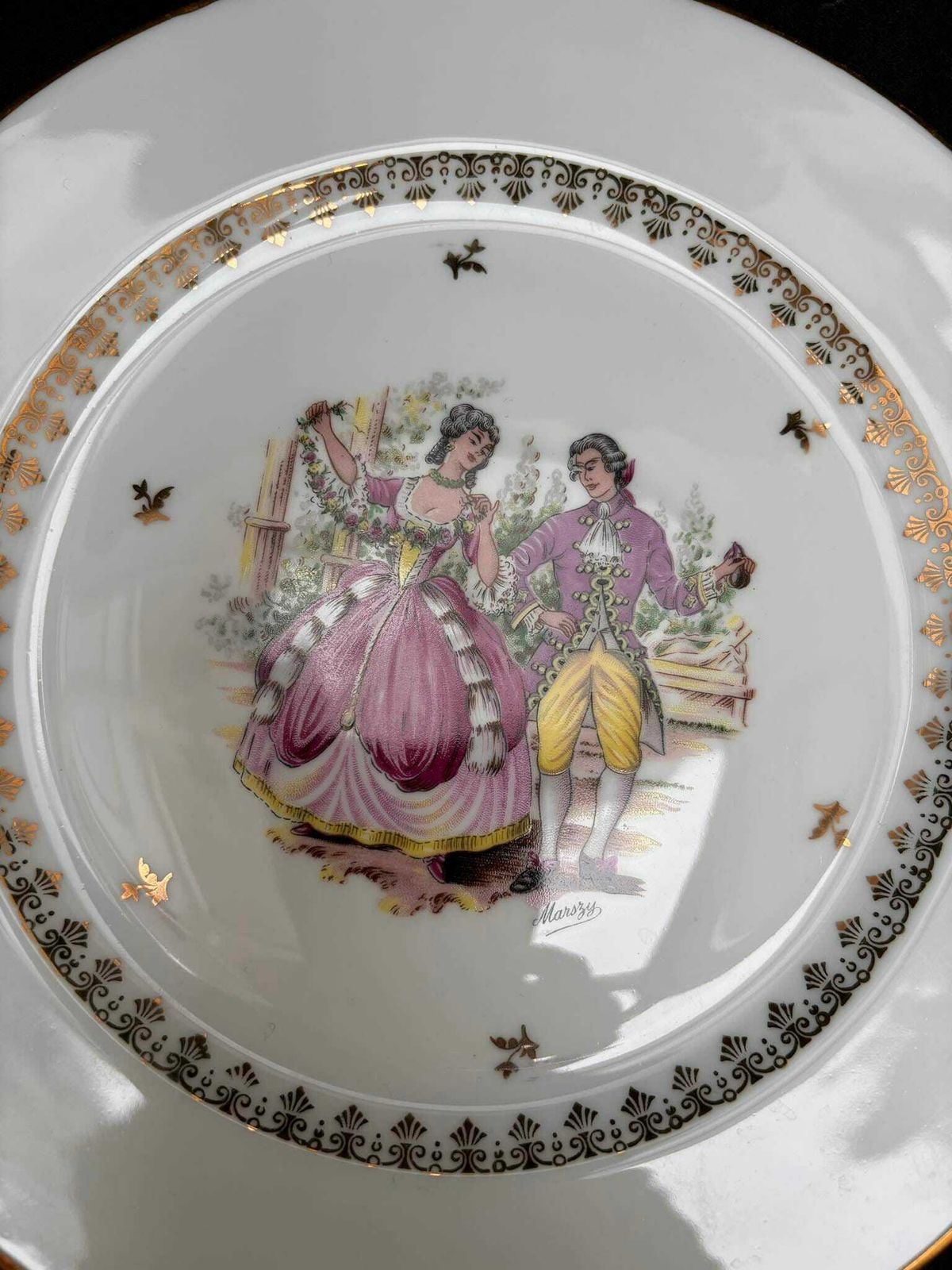 Porcelain Limoges Dinnerware Scene Gallant Plates Set 4 Dinner Plates Scene Galante Discontinued Replacement White Golden Rim Romantic photo furniture