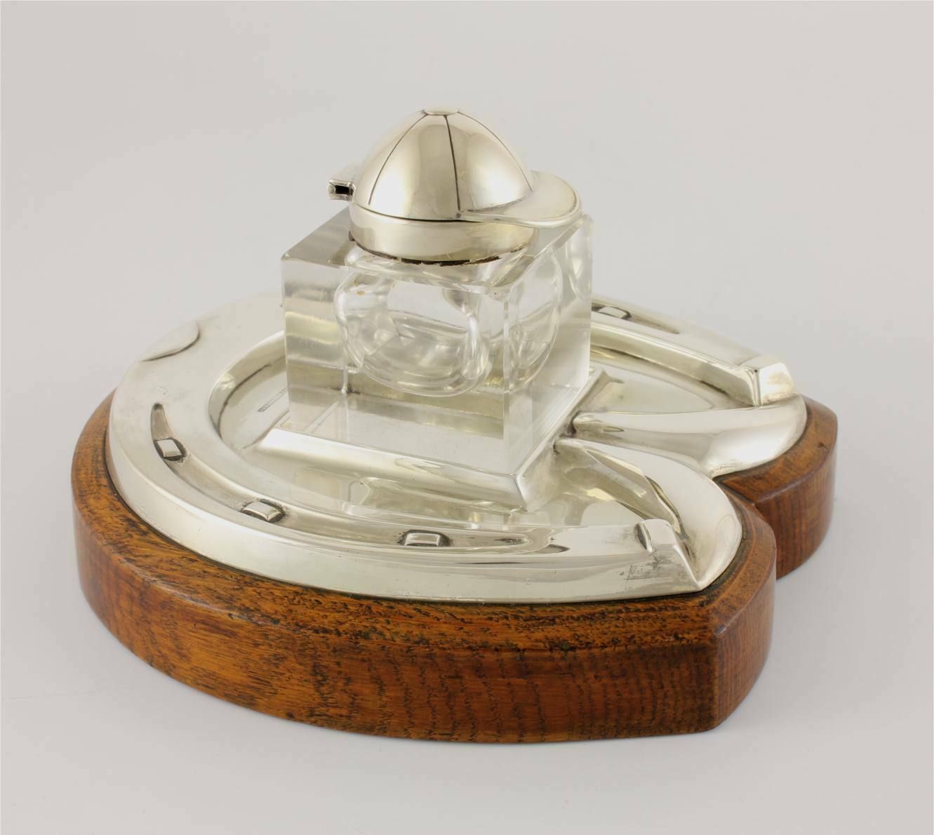 Silver Plate & Oak Horseshoe With Jockey Cap Glass Inkwell Desk Stand. photo Home Decor