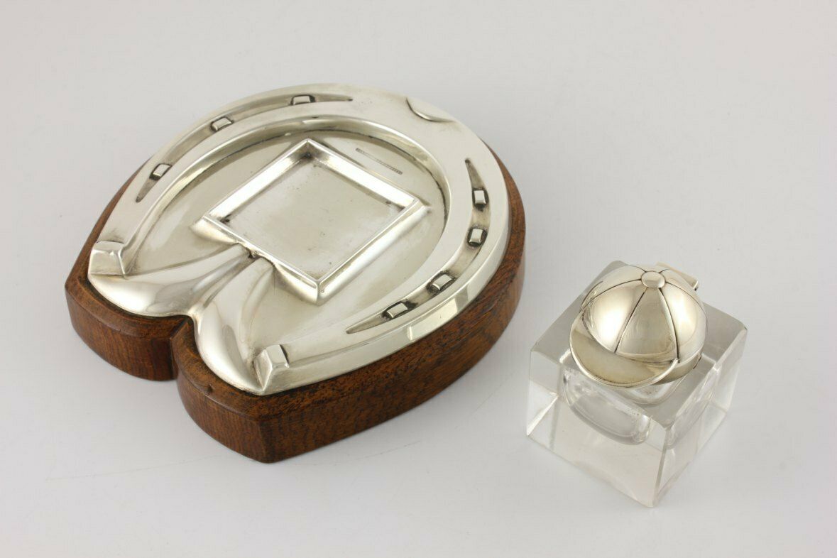 Silver Plate & Oak Horseshoe With Jockey Cap Glass Inkwell Desk Stand. photo 300.0