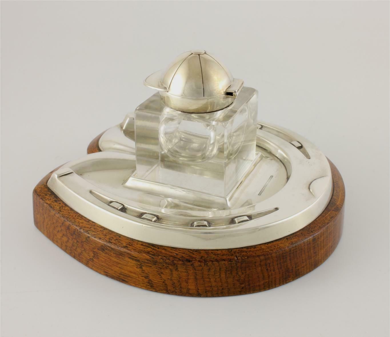 Silver Plate & Oak Horseshoe With Jockey Cap Glass Inkwell Desk Stand. photo vinterior