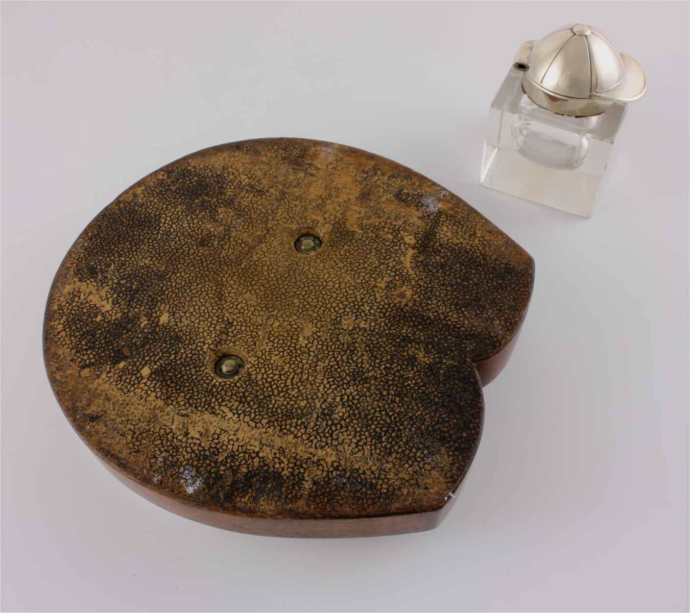 Home Decor Silver Plate & Oak Horseshoe With Jockey Cap Glass Inkwell Desk Stand. photo