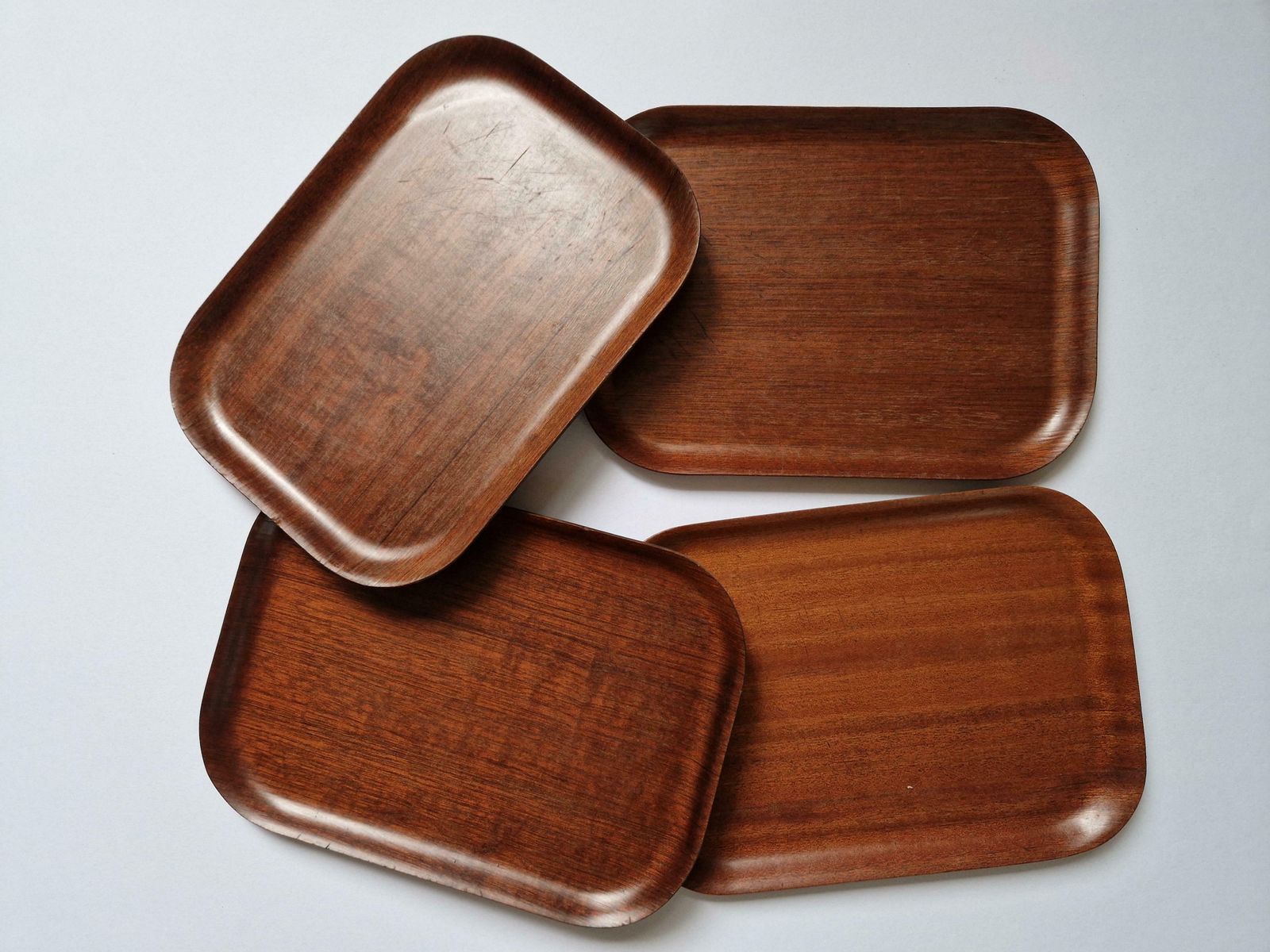 Set Of Four Midcentury Serving Teak Trays Backman For Airlines, Finland, 1960s photo vintage
